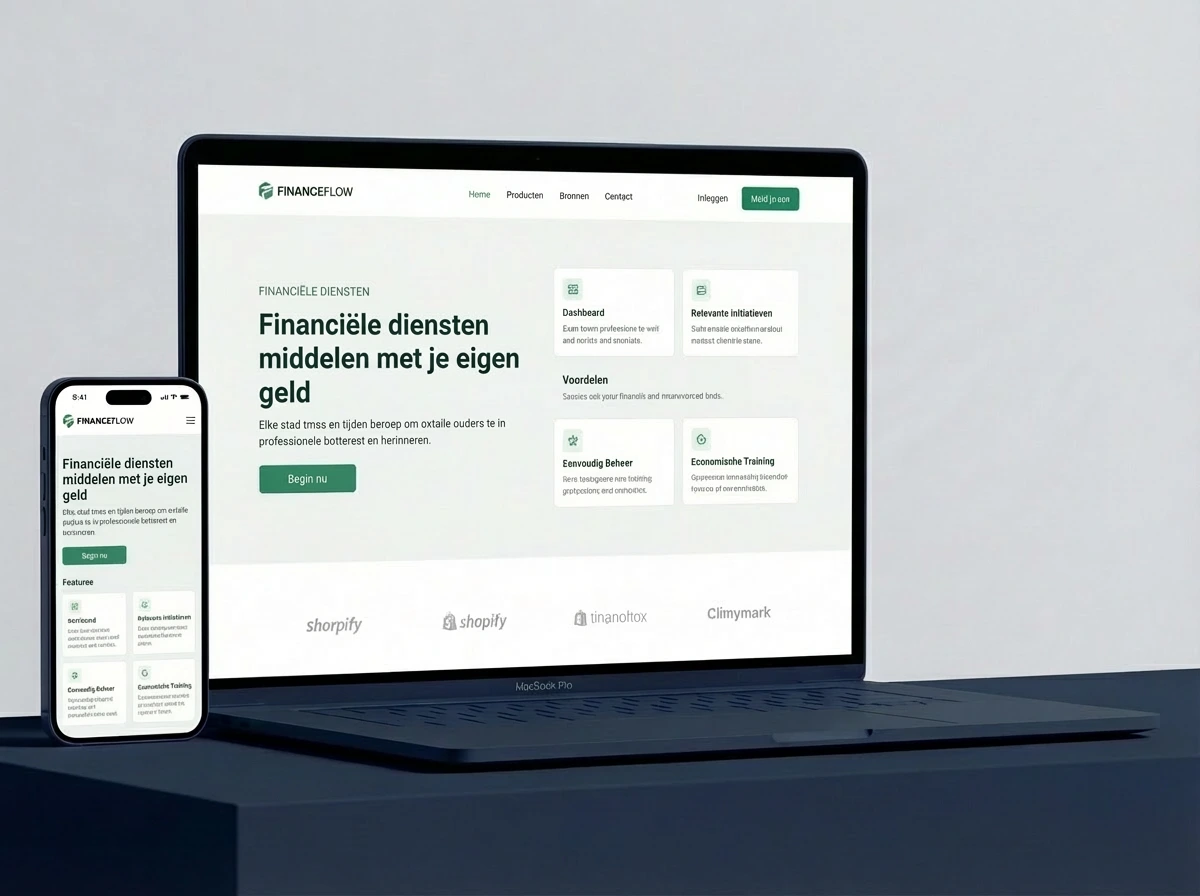 Laptop en smartphone met strakke, moderne onepager — professionele uitstraling op elk scherm